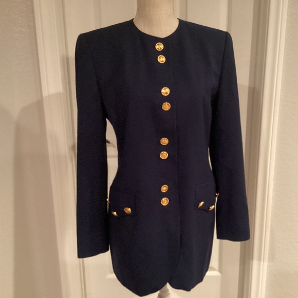 Escada by Margaretha Ley Crewneck Button Down Blazer, Size 38 (6), Color Blue NW